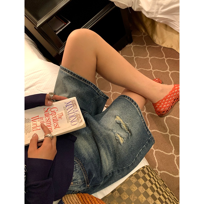 하이웨스트 찢청 반바지 5부 워싱 빈티지 중년여성 오버핏 진청블루 - 상세 이미지 3