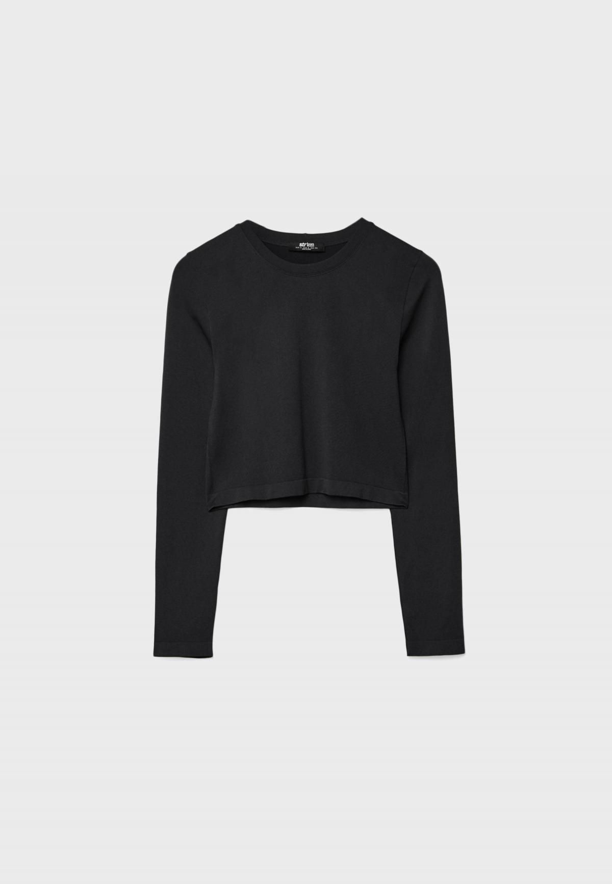 스트라디바리우스 슬림핏 라운드넥 베이직 크롭 긴팔 티셔츠 8076/680 BLACK - 상품 이미지