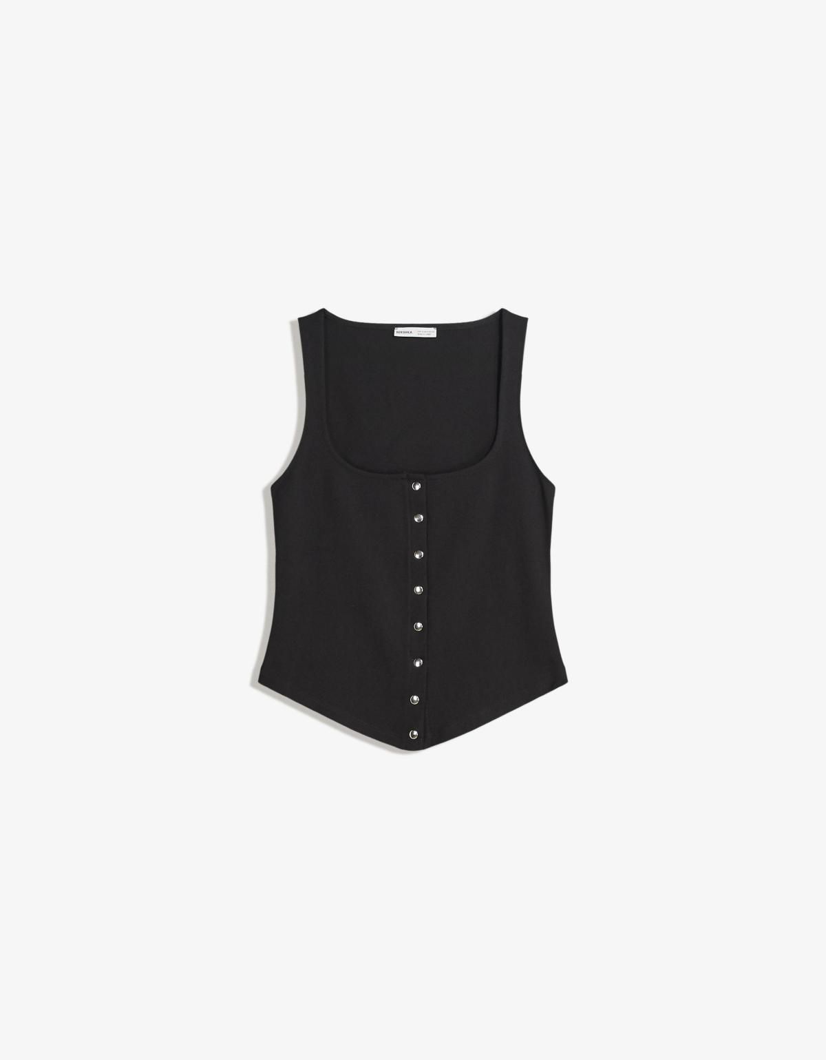 버쉬카 모던 스퀘어넥 버튼 민소매 탑 8704/360 BLACK - 상품 이미지
