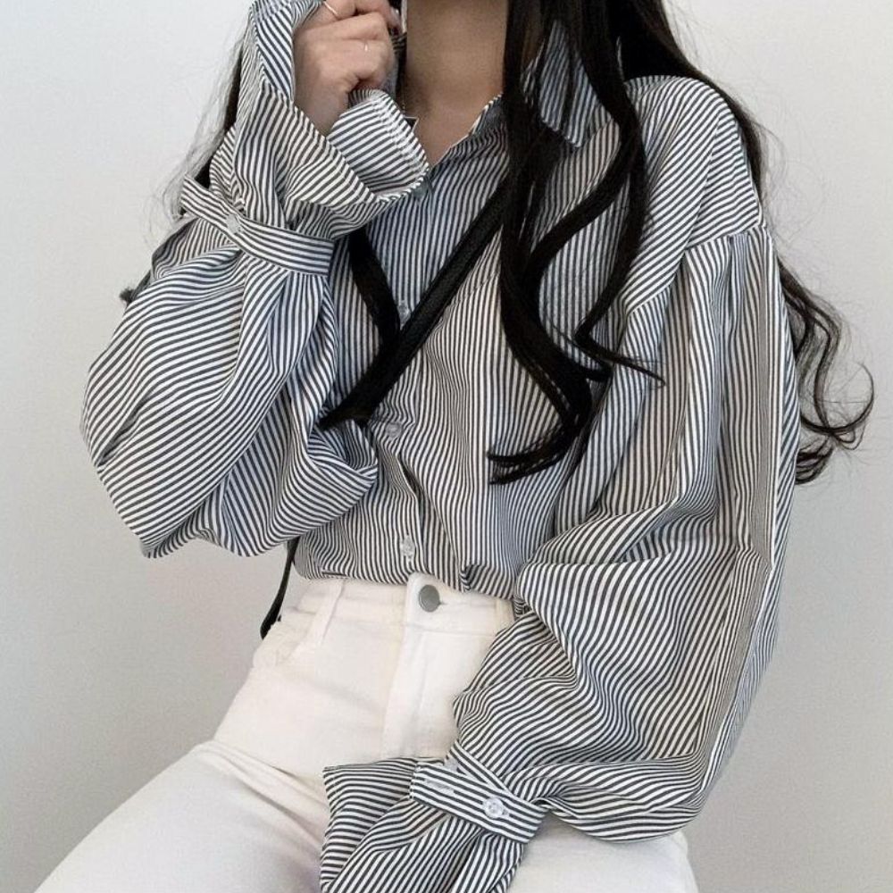 벌룬블라우스 루즈핏 스트라이프남방 하객룩 블라우스 오버핏셔츠 이미지 6