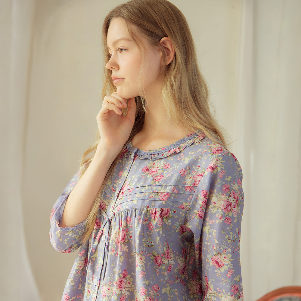 연보라장미 여성 순면 7부 봄 가을 잠옷 파자마 홈웨어 세트 - 상세 이미지 5