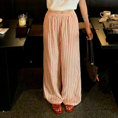 밴딩 스트라이프땡땡이 와이드팬츠 순면 유니크 오버핏 편한 스타일 예쁜 디자인 레드화이트 - 상세 이미지 3