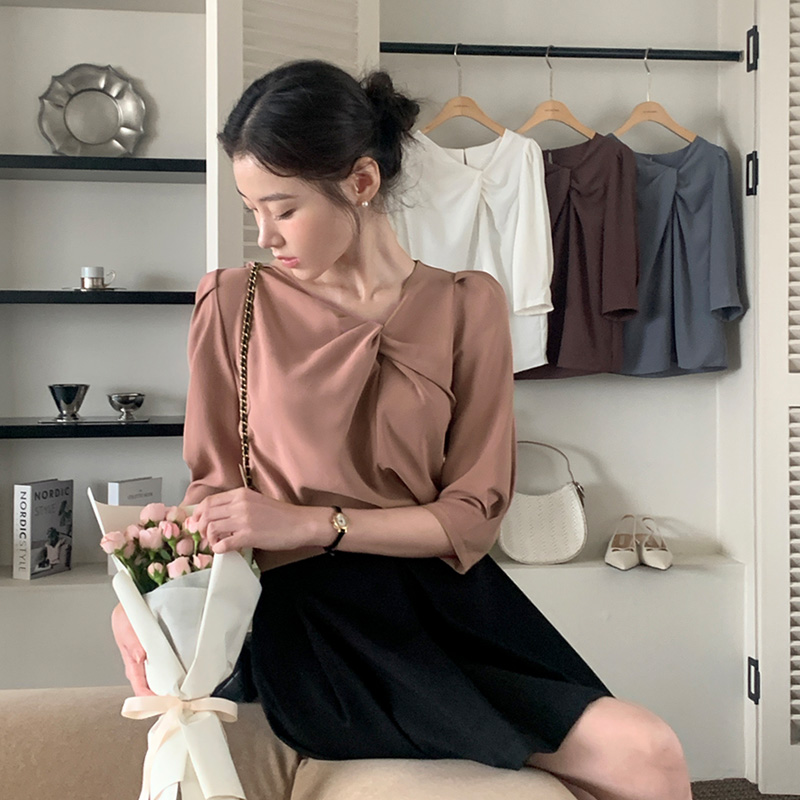 언발 꼬임 퍼프 7부 블라우스 데일리 오피스 하객룩 bs8383 - 상세 이미지 2