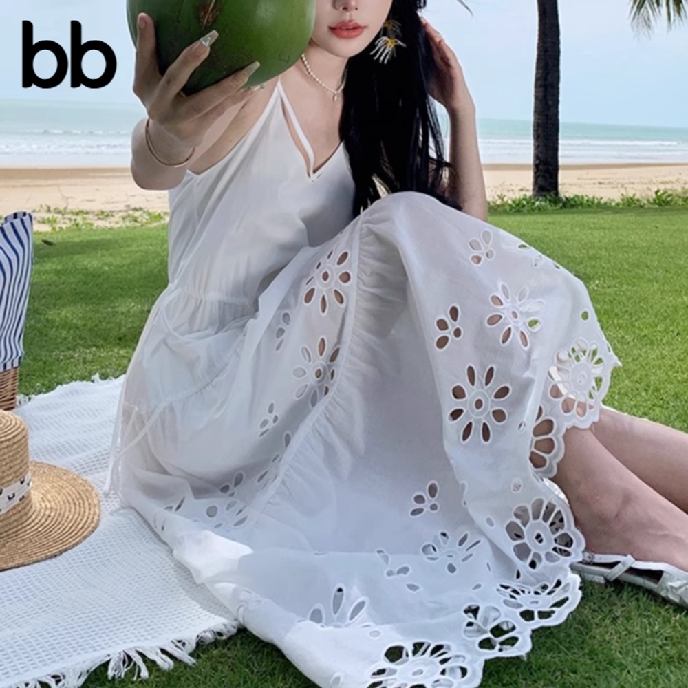 펀칭원피스 끈나시롱 뷔스티에 아일렛 자수 롱원피스 코튼 여름 프렌치 면 화이트 S - 상품 이미지