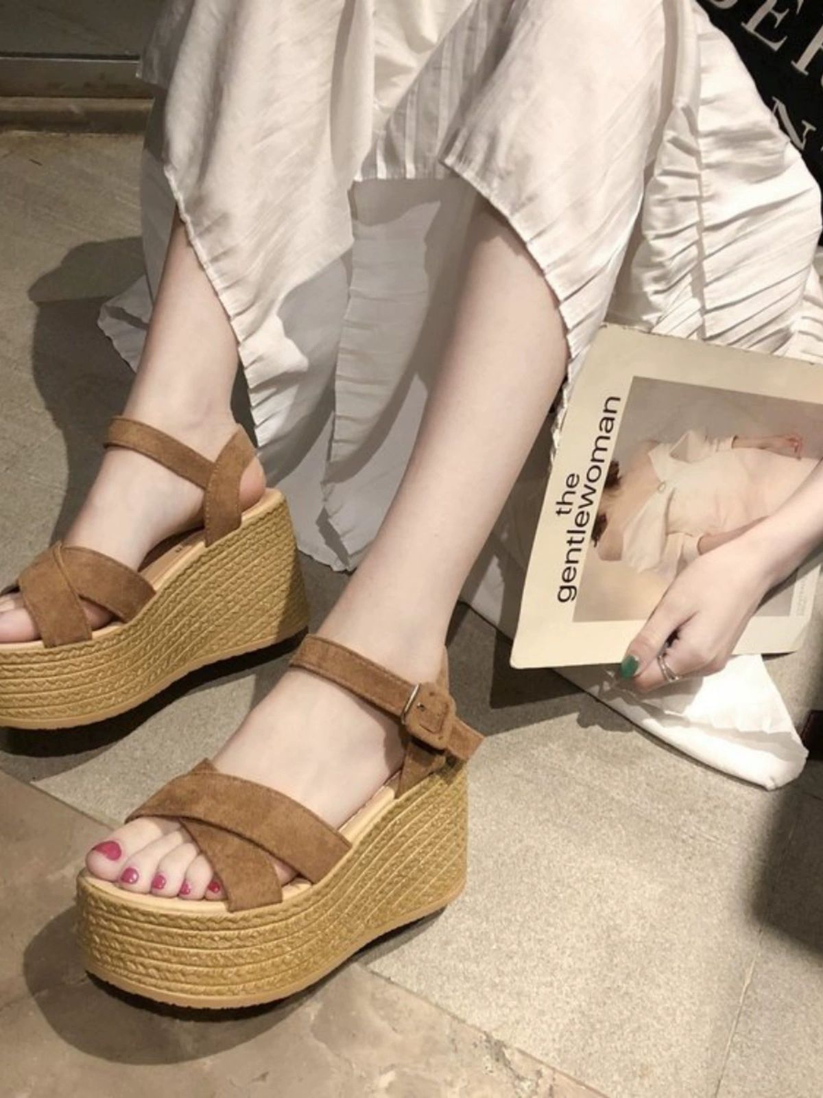 웨지힐 키높이 에스파듀 여성 신발 휴가지 카키 38 - 상세 이미지 2