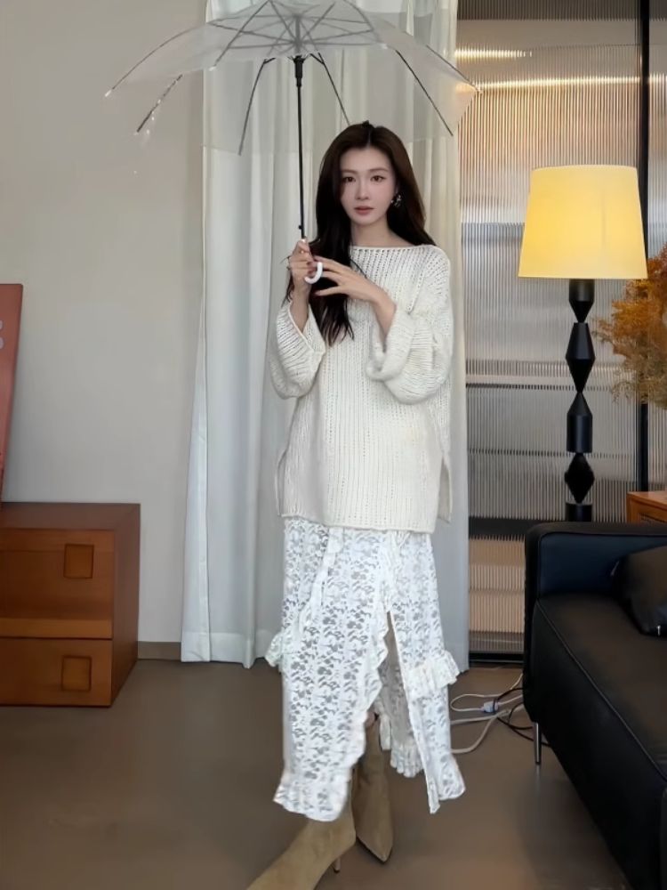 시스루레이어드원피스 레이스 프릴 여름 빅사이즈 화이트베이지 S 추천 37.5-49.0kg - 상세 이미지 3