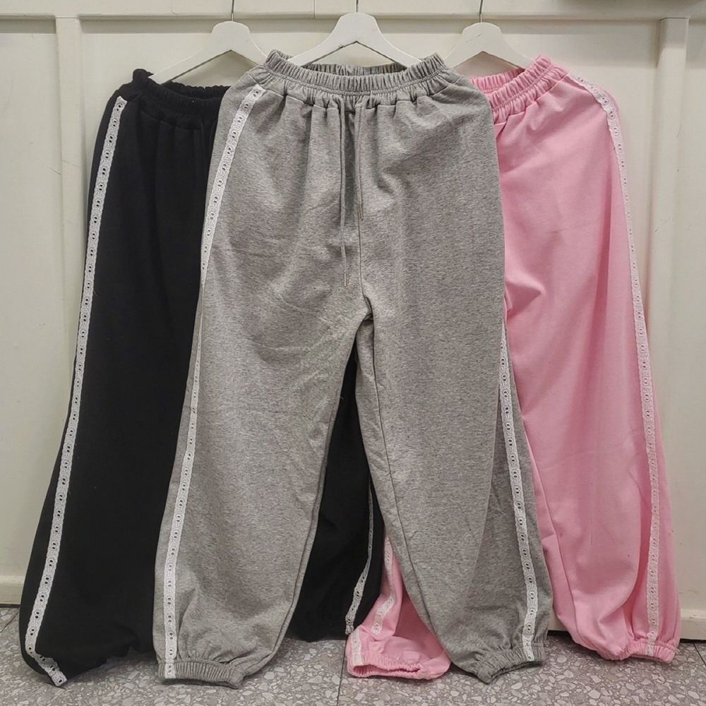 레이스 키작녀 조거팬츠 핑크 회색 고무줄 바지 - 상품 이미지