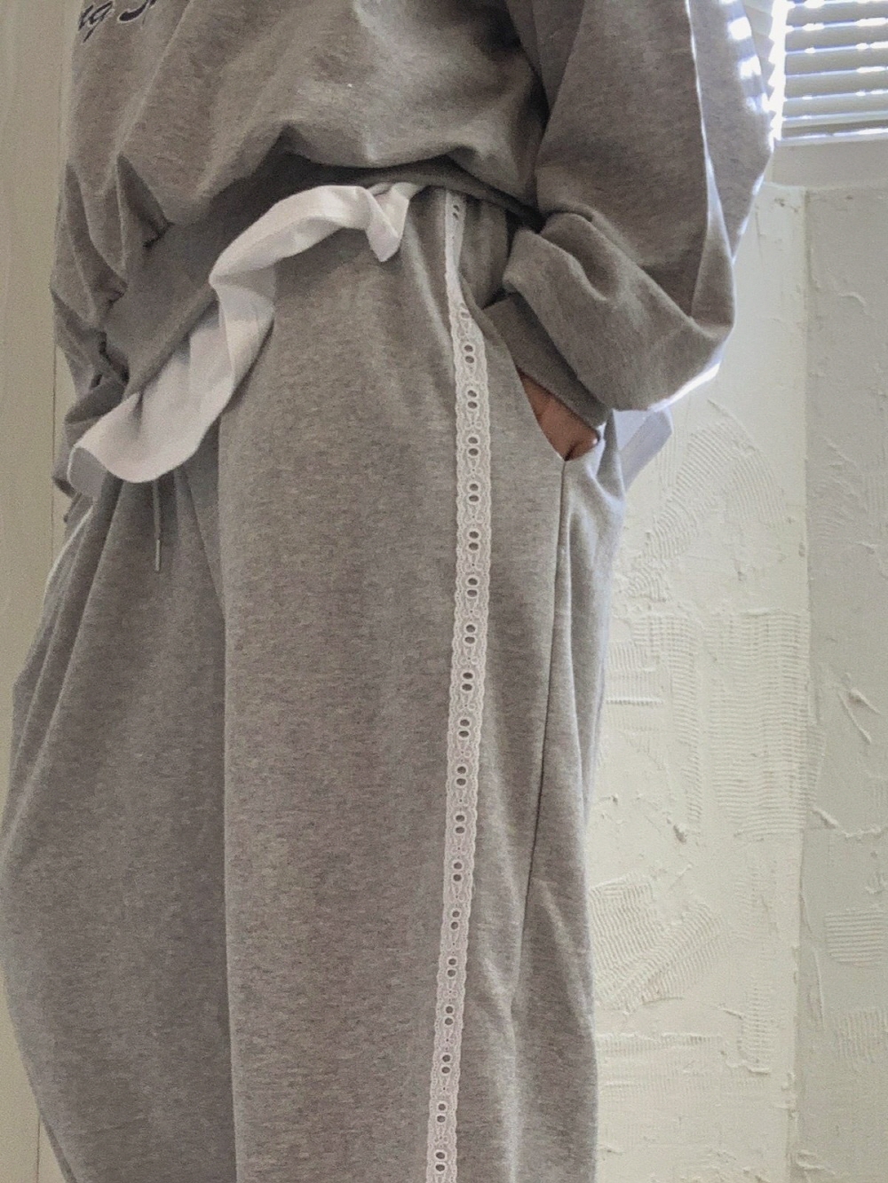 레이스 키작녀 조거팬츠 핑크 회색 고무줄 바지 - 상세 이미지 5