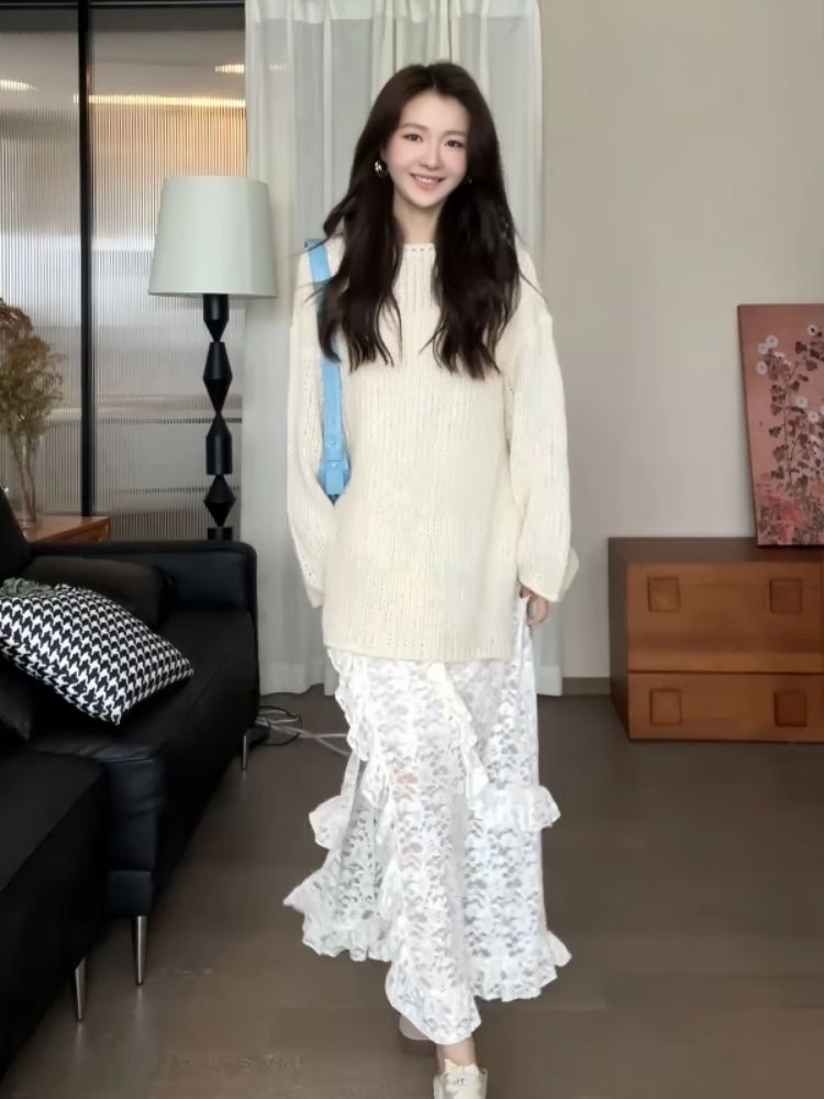 시스루레이어드원피스 레이스 프릴 여름 빅사이즈 화이트베이지 S 추천 37.5-49.0kg - 상세 이미지 2