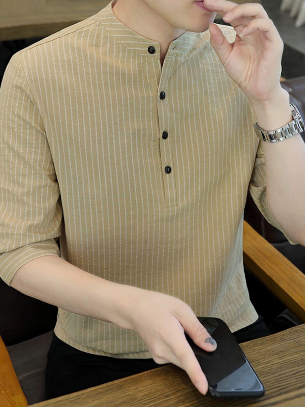 남성남방 스트라이프 여름 차이나넥 남자 셔츠 연그레이 100 코튼 M 체중 37.5kg-47.5kg - 상세 이미지 5