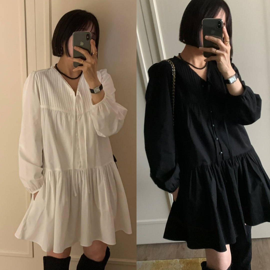 핀턱 콩단추 브이넥 모모 미니 셔츠 카라 A라인 원피스 가을하객룩