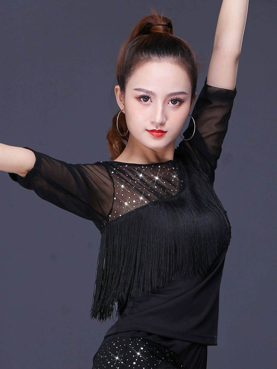 라인 댄스복 사교 공연복 줌바 모던 댄스상의 라틴 긴팔 프린지 탑 블랙 M - 상세 이미지 3