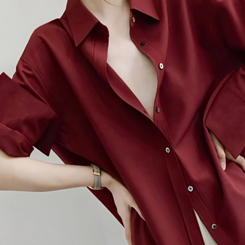 (YY) 멋스러운 새틴 블라우스 루즈핏 베이직 카라 셔츠 세련된 비즈니스 심플 오피스룩 - 상품 이미지