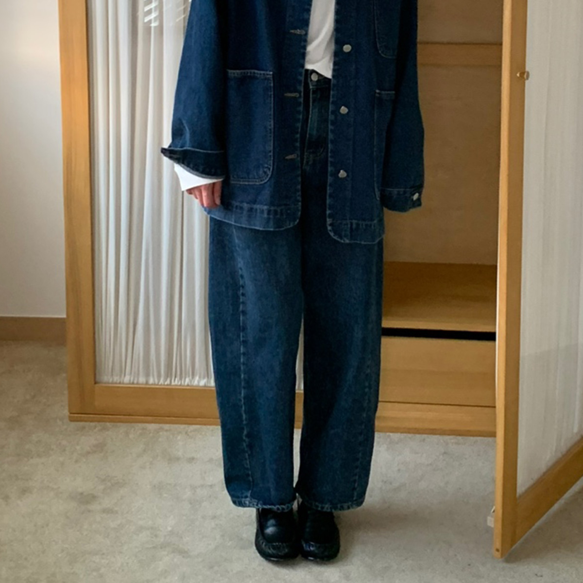 [당일발송] 바스켓 브레드 데님팬츠 여성 하이웨스트 롱 일자 와이드 청바지 (중청)