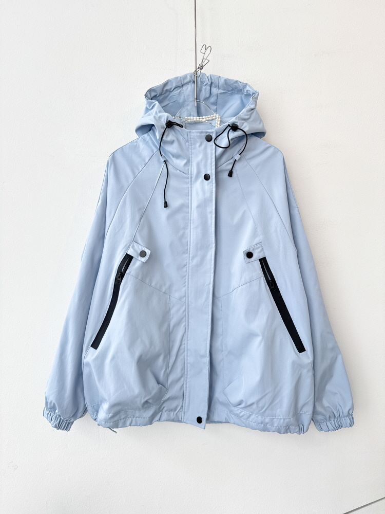 나그랑 배색 클립 단추 사선 지퍼 후드 바람막이 점퍼
