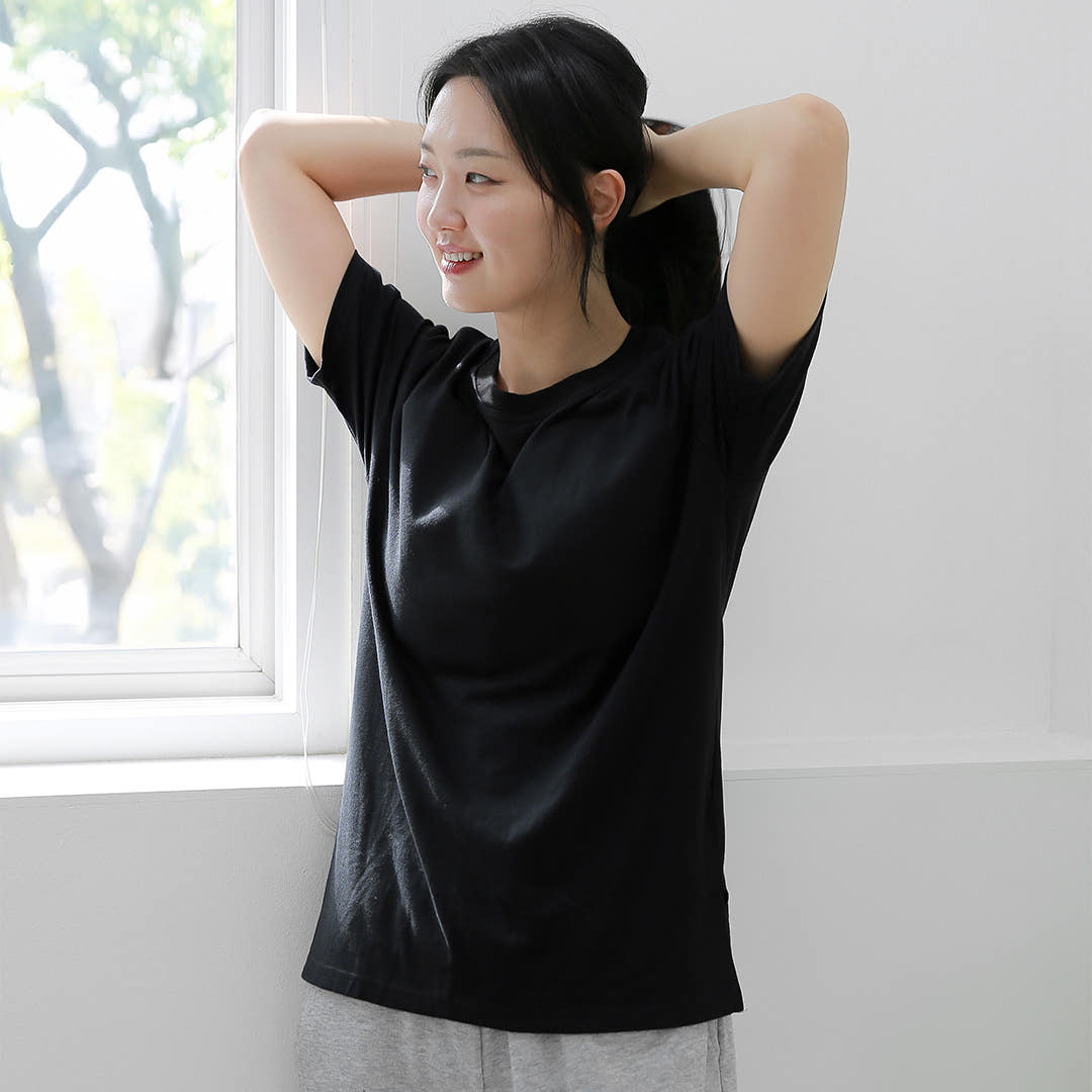 라이프롬 라이프롬 반팔 노브라티셔츠 캡내장 홈웨어 블랙, 화이트