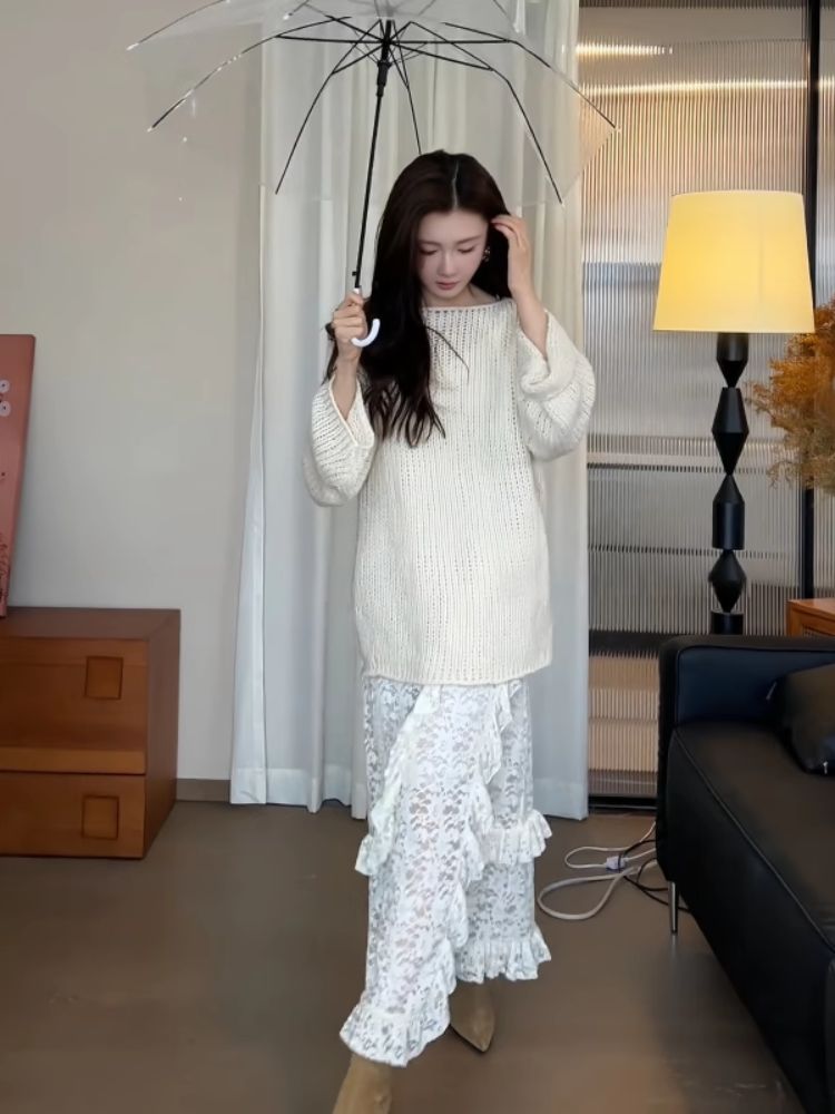 시스루레이어드원피스 레이스 프릴 여름 빅사이즈 화이트베이지 S 추천 37.5-49.0kg - 상세 이미지 4