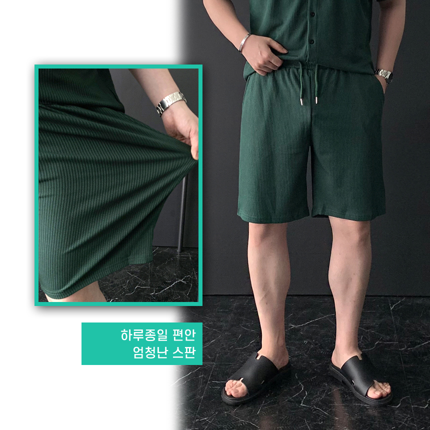 헨리넥 반팔 반바지 세트 차이나 카라넥 반소매 셔츠 5부 밴딩 하프팬츠 빅 사이즈 셋업 - 상세 이미지 5