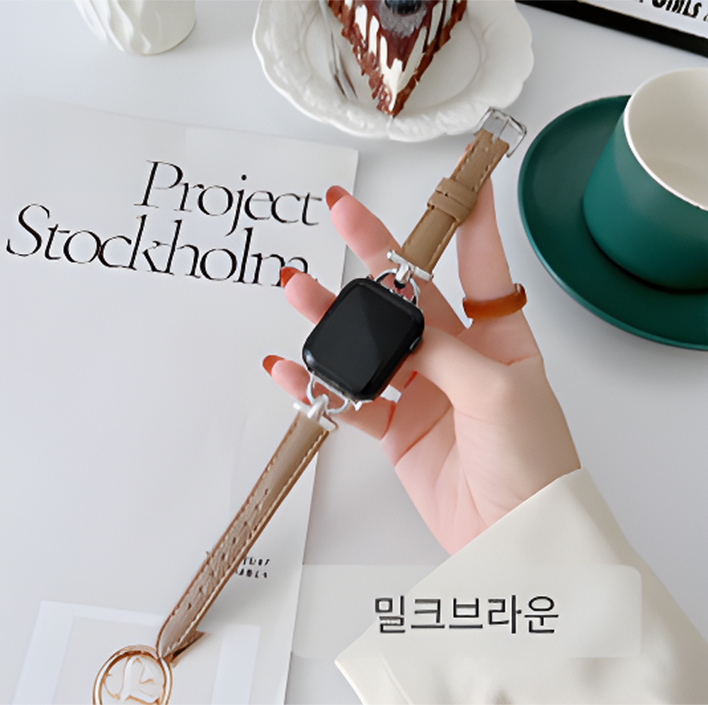 애플워치 9 7 8 SE 울트라 D라인 가죽 스트랩 줄 밴드 - 상세 이미지 5