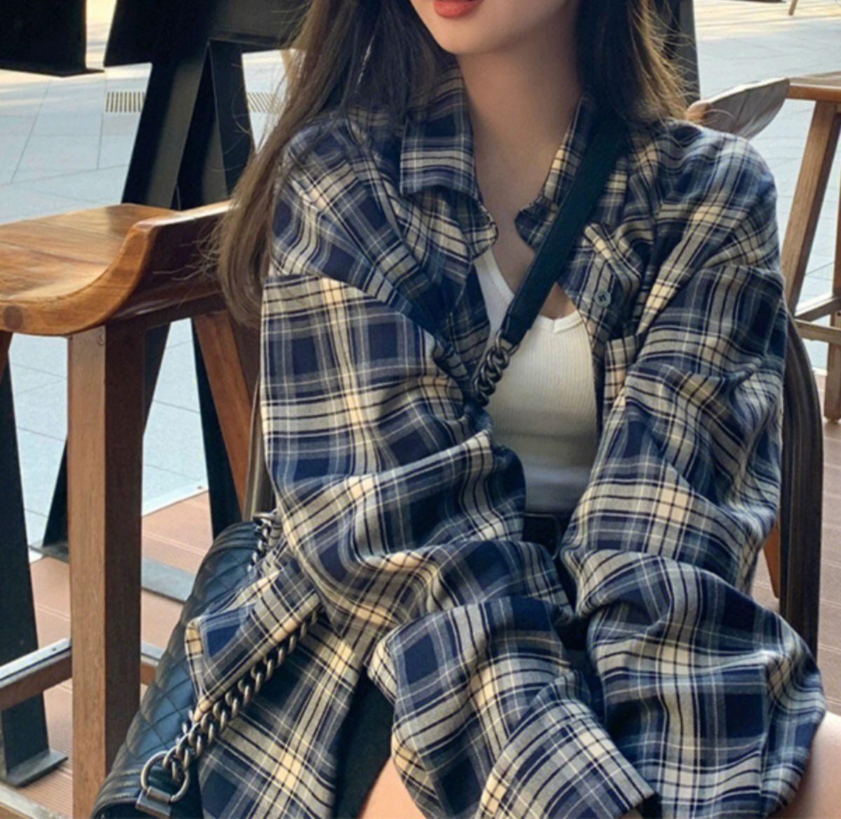 가을 오버핏 체크셔츠 데일리룩 레이어드 긴팔 다크네이비 S - 상품 이미지