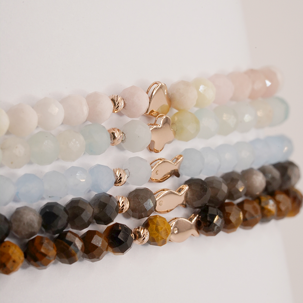 14K 물고기 클로버 하트 참 천연석 팔찌 - 탄생석 원석 금팔찌 비즈 금볼 행운 선물