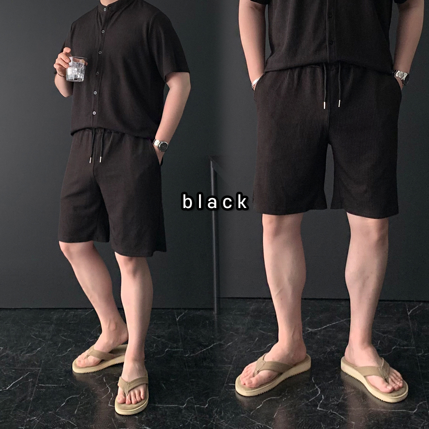 헨리넥 반팔 반바지 세트 차이나 카라넥 반소매 셔츠 5부 밴딩 하프팬츠 빅 사이즈 셋업 - 상세 이미지 3