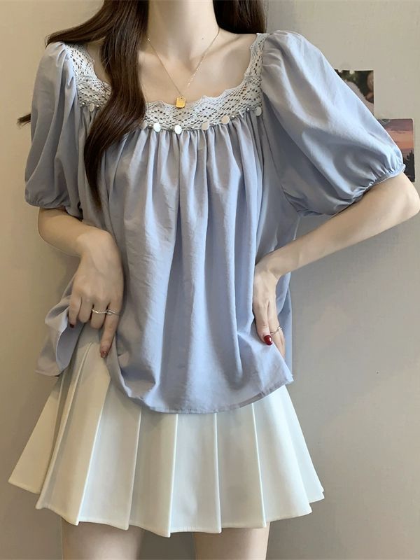 레이스블라우스 스퀘어넥 퍼프소매 슬리브 프릴 블루 프리미엄 4XL - 상세 이미지 3