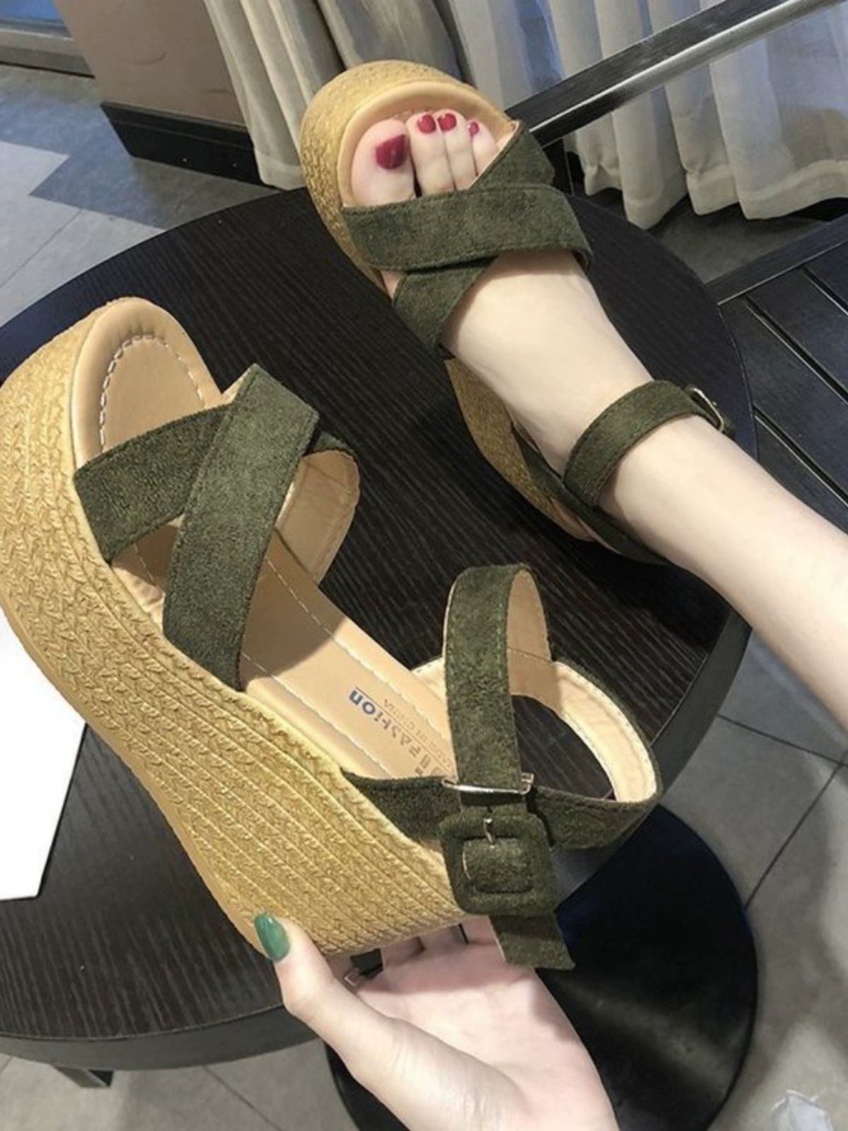 웨지힐 키높이 에스파듀 여성 신발 휴가지 카키 38 - 상세 이미지 4