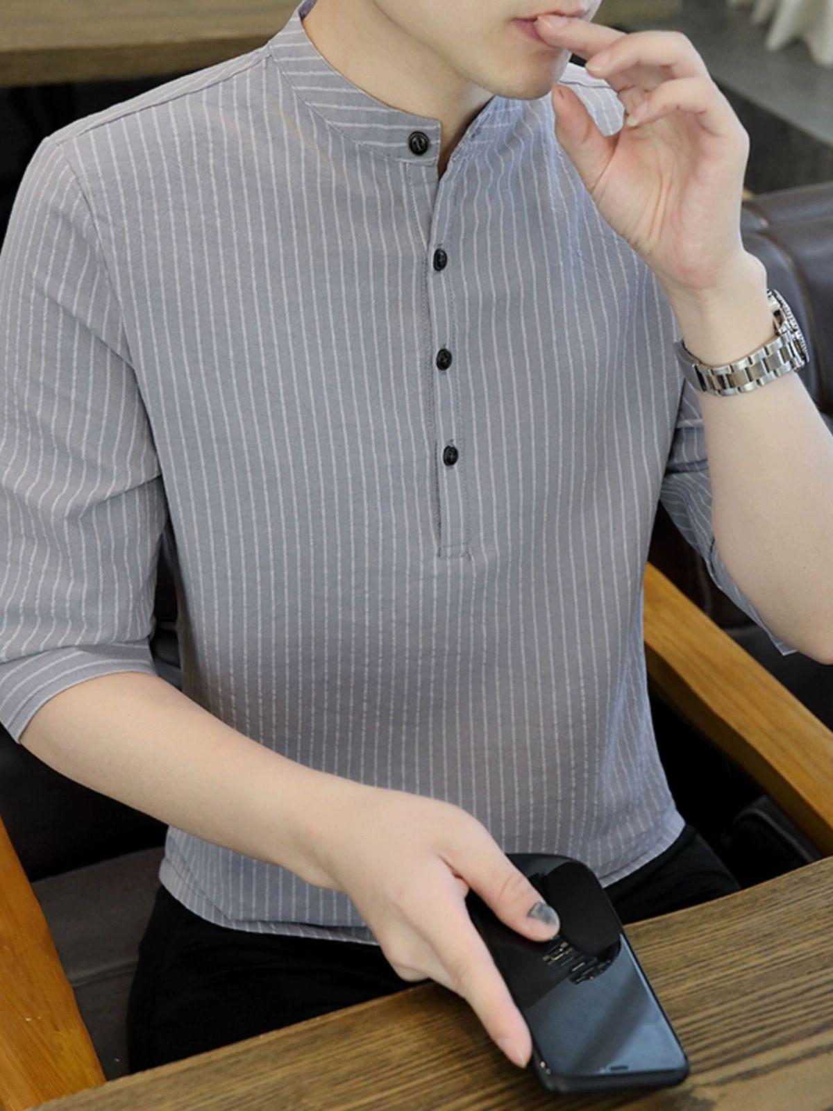 남성남방 스트라이프 여름 차이나넥 남자 셔츠 연그레이 100 코튼 M 체중 37.5kg-47.5kg - 상품 이미지