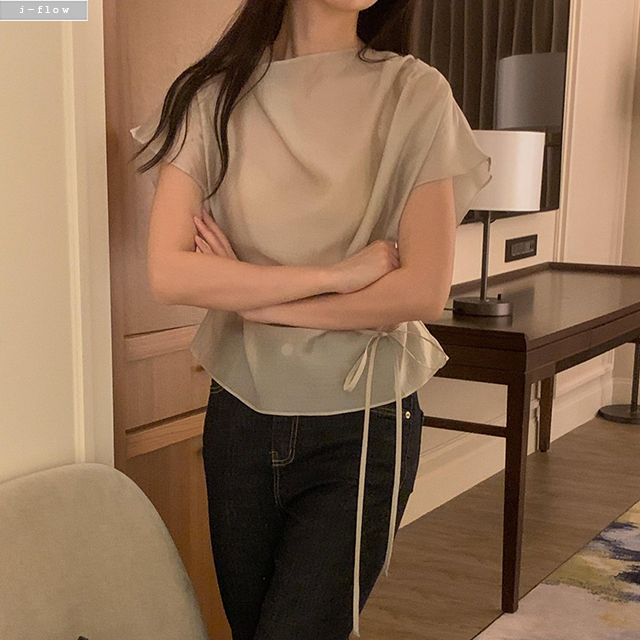 리픈 캡소매 드레이프 허리끈 블라우스 3col 여름 오간자 하객룩 셔링 시스루 제이플로우 - 상세 이미지 3
