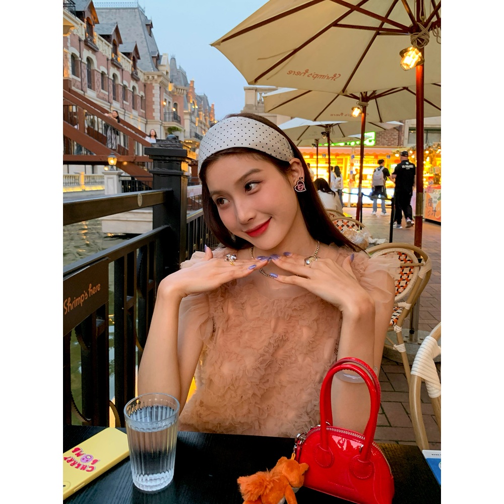 메쉬프릴 캡소매 파티미디원피스 꽃모양 라운드넥 로맨틱 데이트 청순 호텔 생일 베이지핑크 - 상세 이미지 4