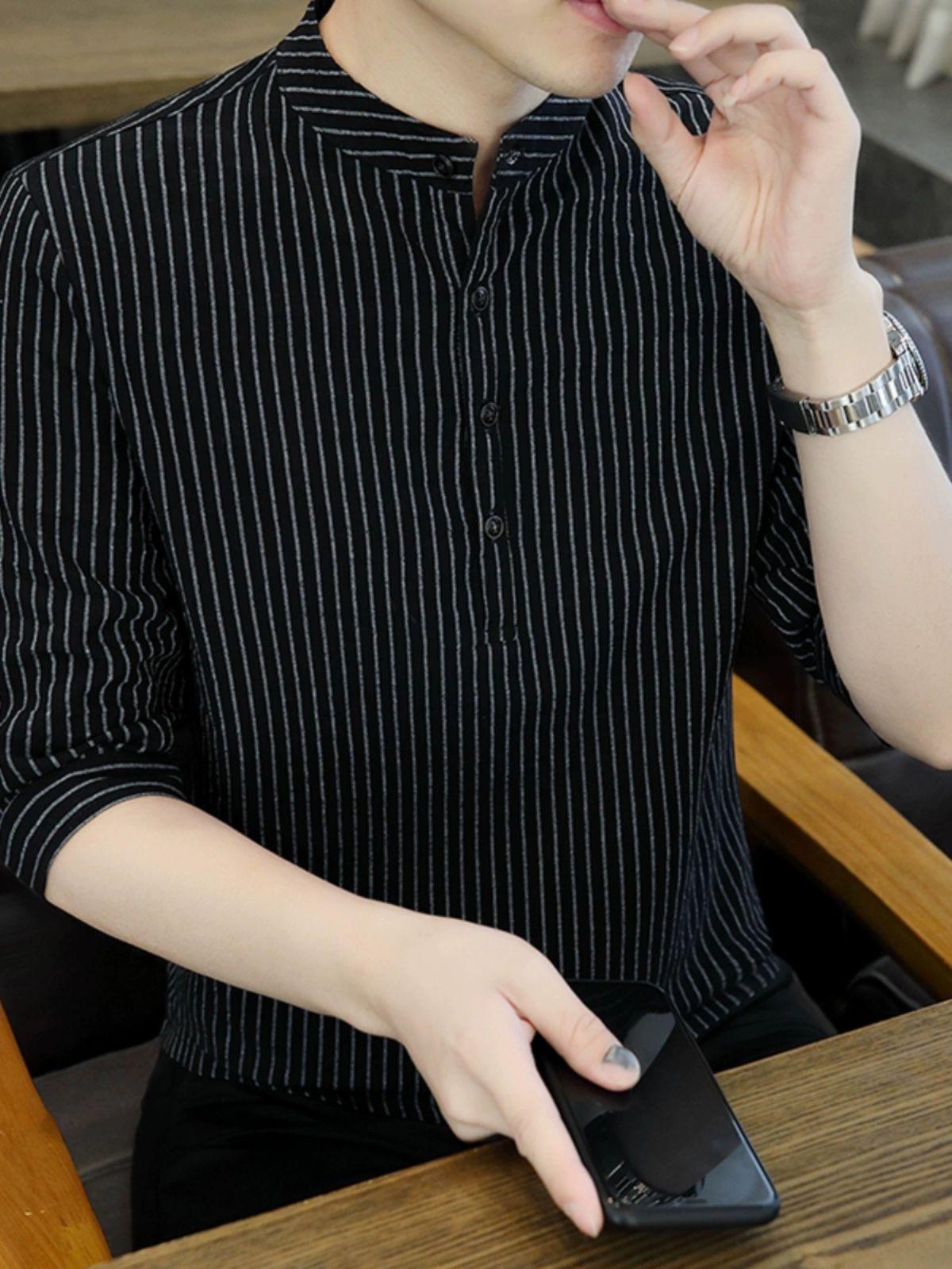 남성남방 스트라이프 여름 차이나넥 남자 셔츠 연그레이 100 코튼 M 체중 37.5kg-47.5kg - 상세 이미지 3