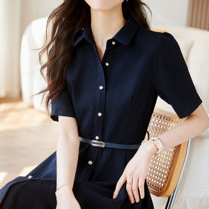 러블리해라 여름 A라인 롱원피스 반팔 네이비 여성 하객룩 카라 출근룩 시... 착용 후기 | 사이즈/핏 총정리 - 상품 이미지 1