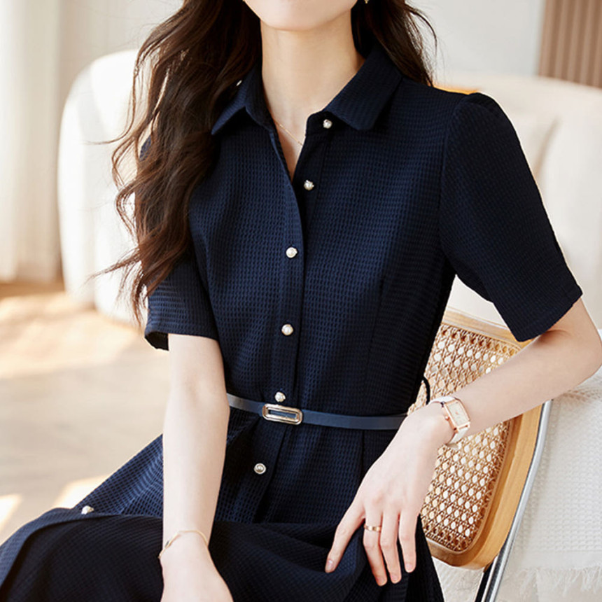 러블리해라 여름 A라인 롱원피스 반팔 네이비 여성 하객룩 카라 출근룩 시원한 오피스룩