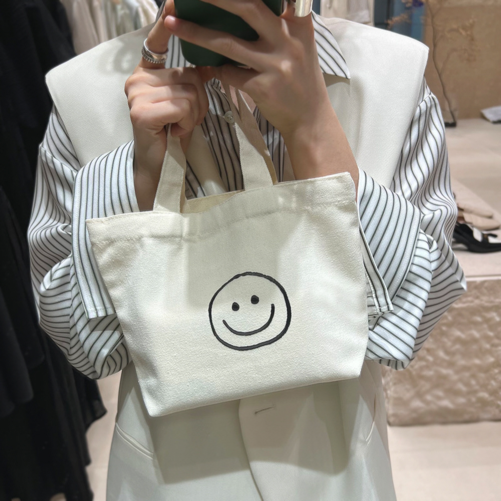 작은 마실가방 튼튼한 사각 스마일에코백 학원 가벼운 무지에코백 미니 면 가방 캔버스백 - 상품 이미지