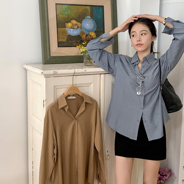 [자체제작] 스트라이프 셔츠 데일리 오피스룩 여리핏 가을 블라우스 bs8301