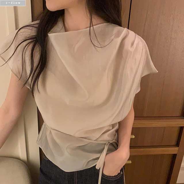 리픈 캡소매 드레이프 허리끈 블라우스 3col 여름 오간자 하객룩 셔링 시스루 제이플로우 이미지 7