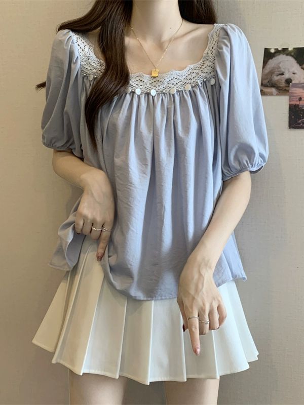 레이스블라우스 스퀘어넥 퍼프소매 슬리브 프릴 블루 프리미엄 4XL - 상품 이미지