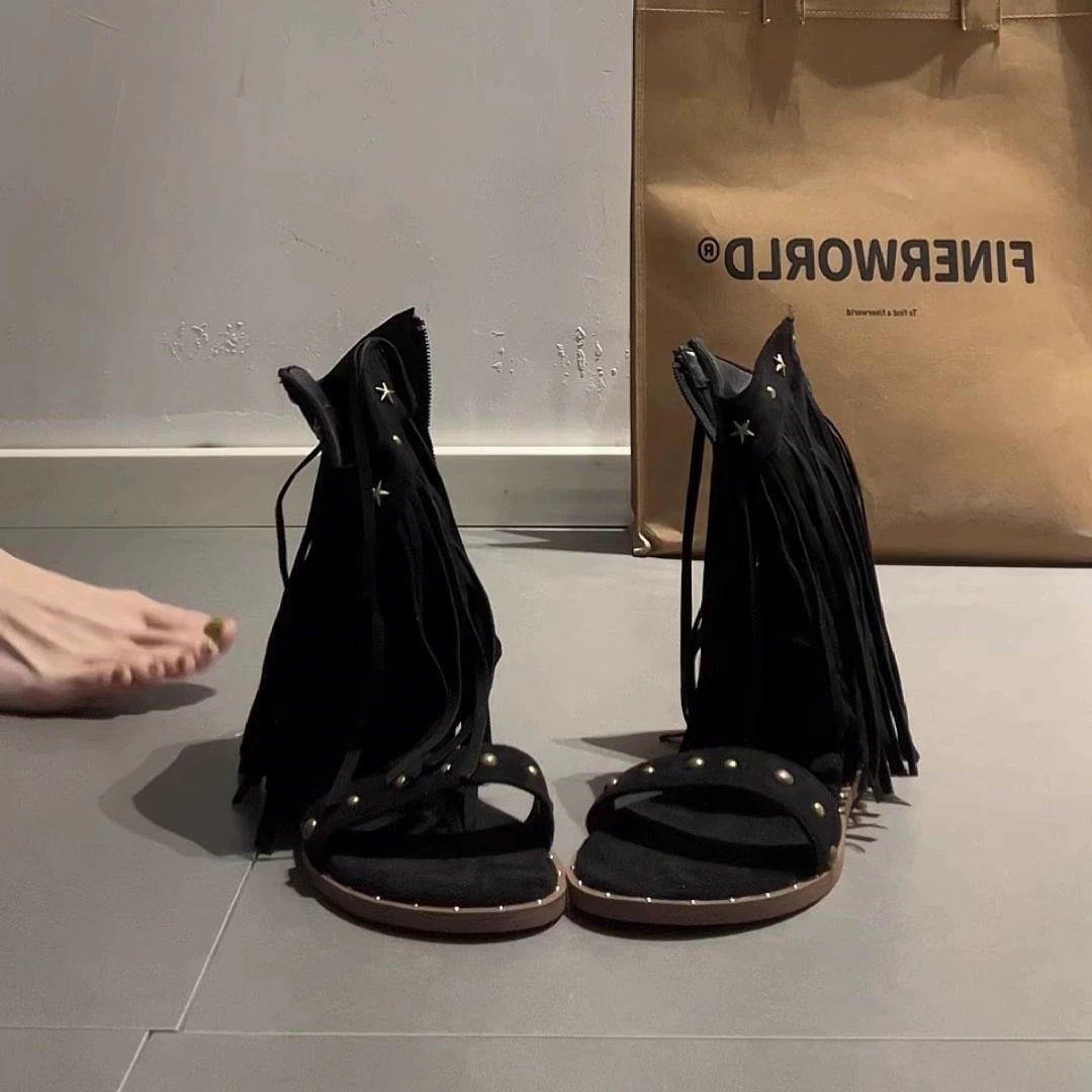 프린지 웨스턴 샌들 쪼리부츠 슬리퍼 로고 지퍼 여름 블랙 35 - 상세 이미지 3
