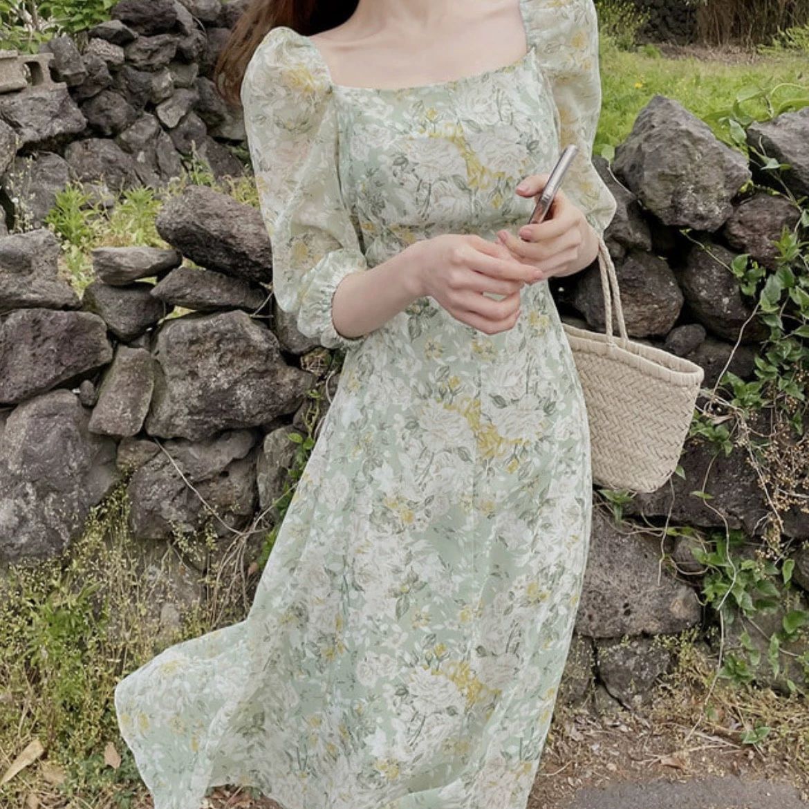 원피스 롱 플라워 반팔 레이어드 여성 휴양지 그림색 XL 60.0-70.0kg - 상세 이미지 2