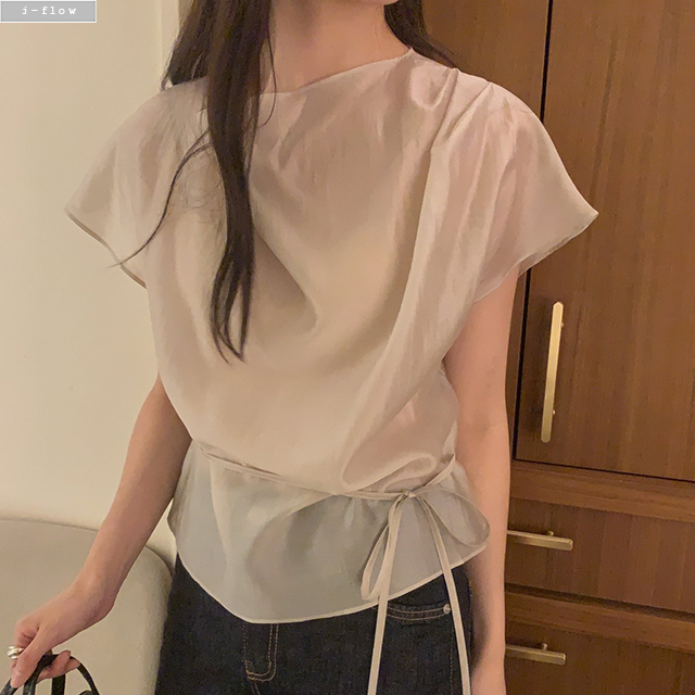 리픈 캡소매 드레이프 허리끈 블라우스 3col 여름 오간자 하객룩 셔링 시스루 제이플로우 - 상품 이미지