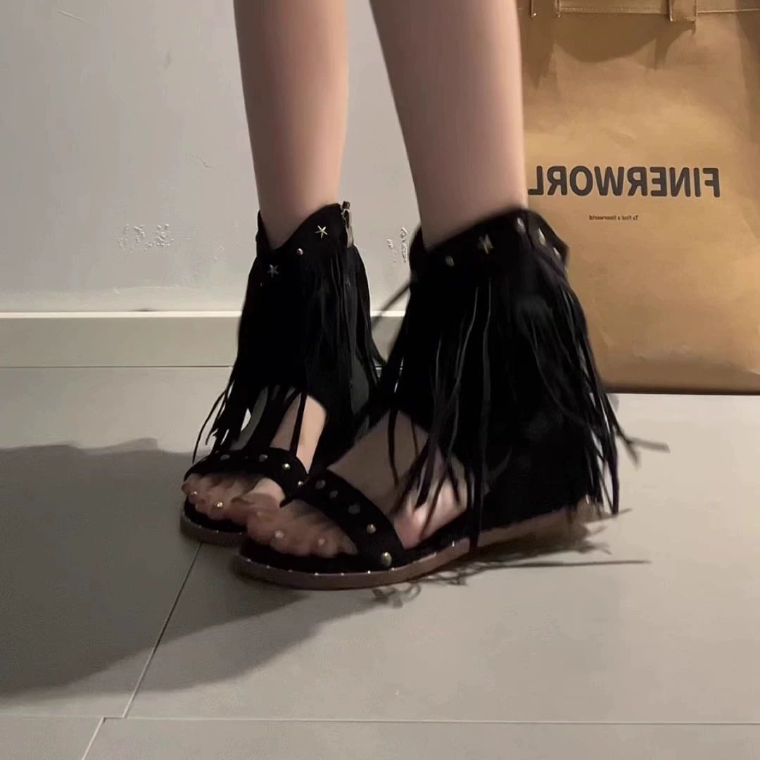프린지 웨스턴 샌들 쪼리부츠 슬리퍼 로고 지퍼 여름 블랙 35 - 상세 이미지 4