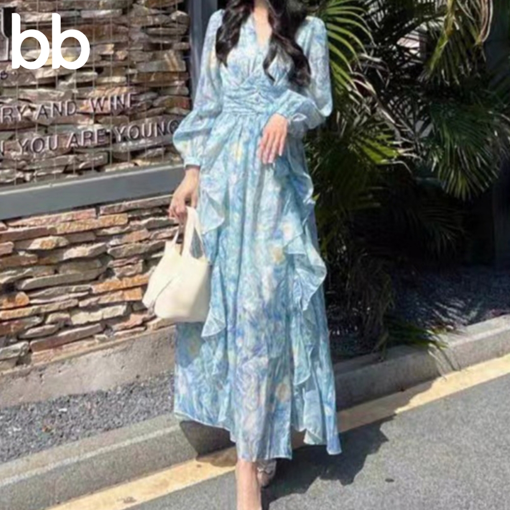 여성롱원피스 여름 공주풍 하늘색 셔링 결혼식하객룩 플리츠 휴양지 시원한 플레어 블루 S - 상세 이미지 3