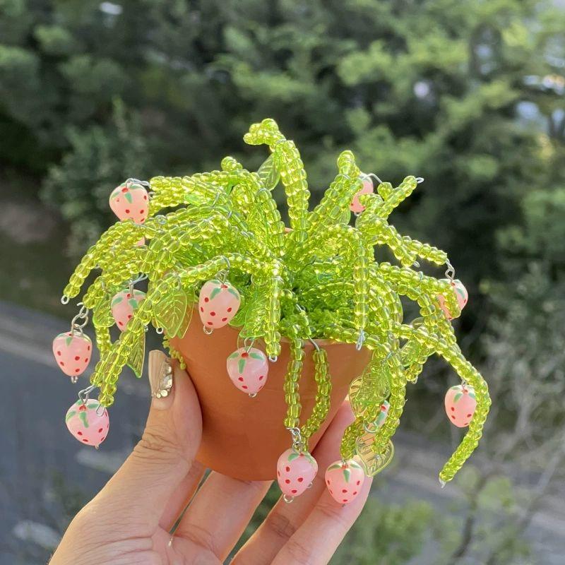 비즈 식물 DIY 은방울꽃 딸기 잎 패키지 목걸이 딸기 소형 화분 3.5x3cm 키트 - 상세 이미지 4