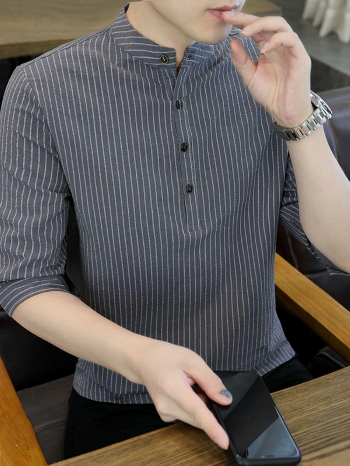 남성남방 스트라이프 여름 차이나넥 남자 셔츠 연그레이 100 코튼 M 체중 37.5kg-47.5kg - 상세 이미지 2