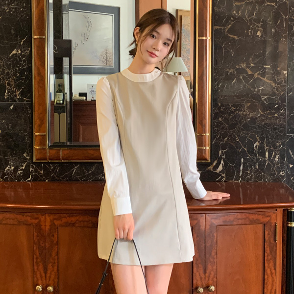 페이크 레이어드 배색 셔츠 미니 원피스 하객룩 오피스 데이트 op16168