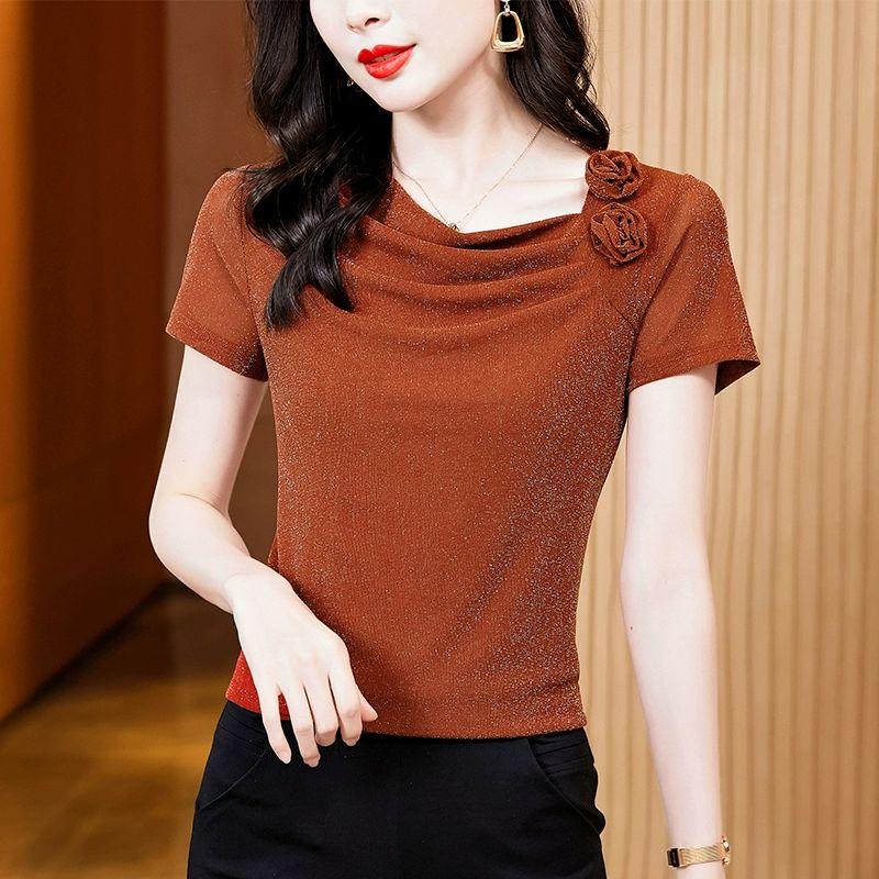 프렌치 티셔츠 여성 상의 반팔 포인트 파티 여름 블루 M 추천45.0kg이하 - 상세 이미지 2