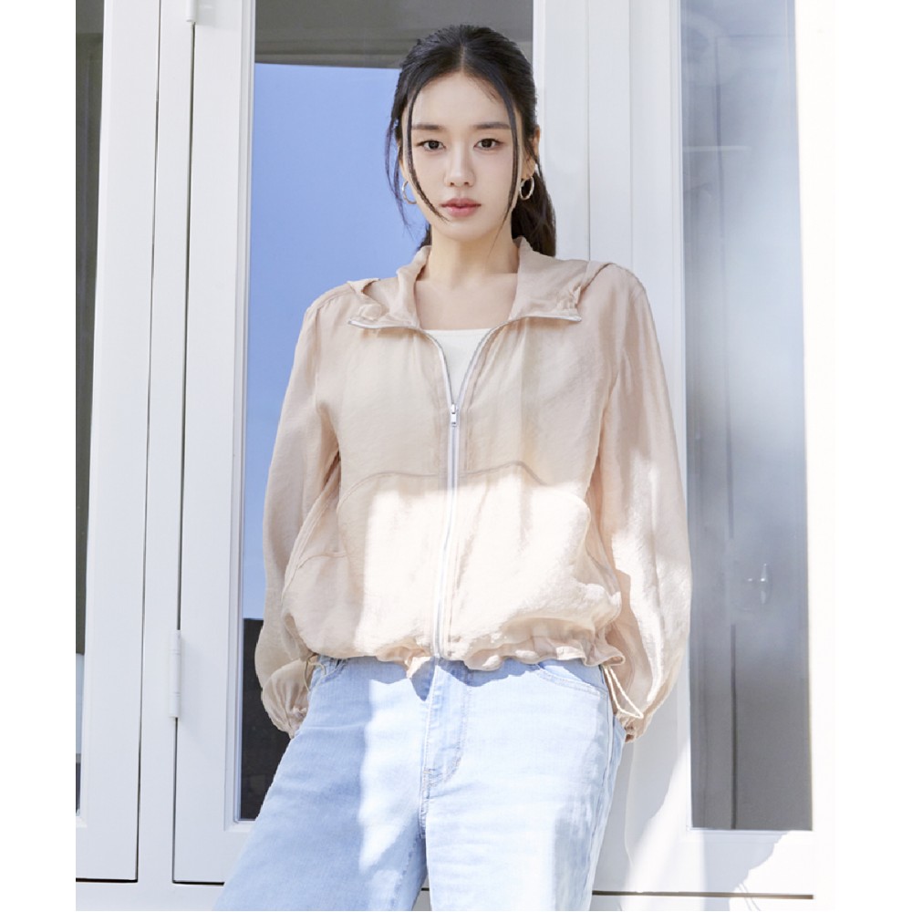 글로시 시스루 후드 점퍼