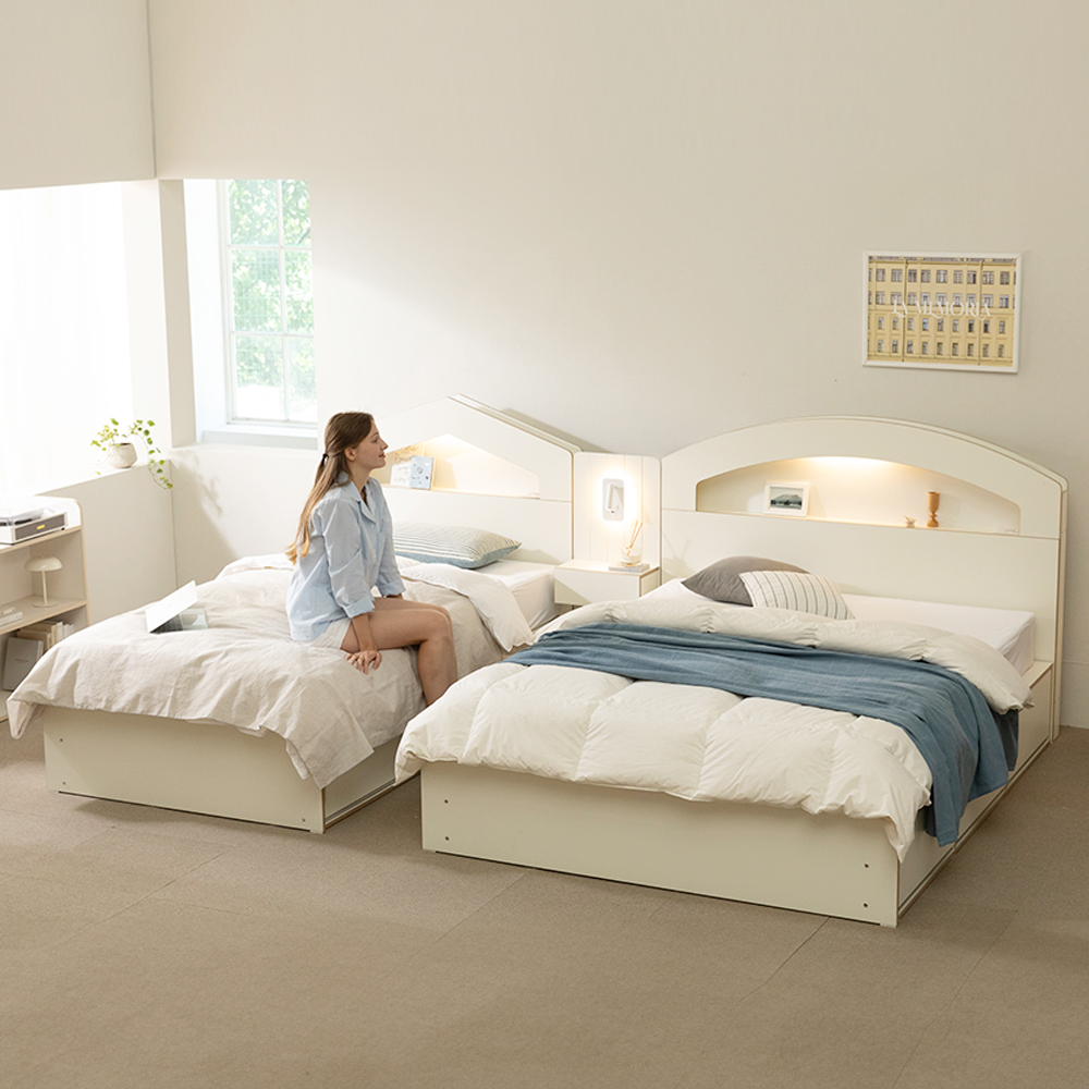 무디켄 리뉴 LED 선반헤드 수납 서랍 침대 프레임 (+방수커버) 원형, Q 서랍형, 아이보리+우드엣지