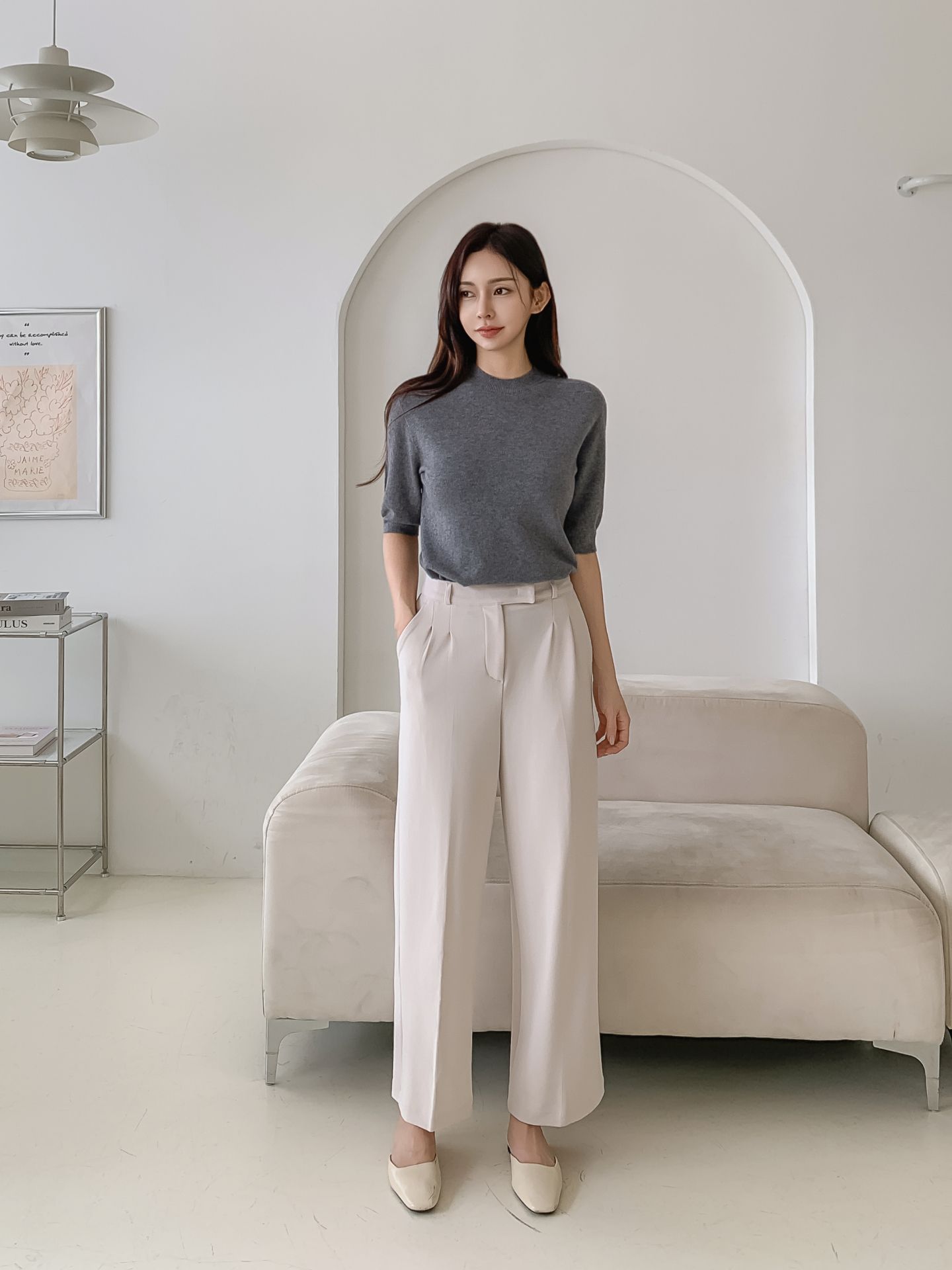 하이웨스트 밴딩 와이드슬랙스 핀턱 여자 정장바지 가을 와이드팬츠 키작녀 빅사이즈 이미지 6